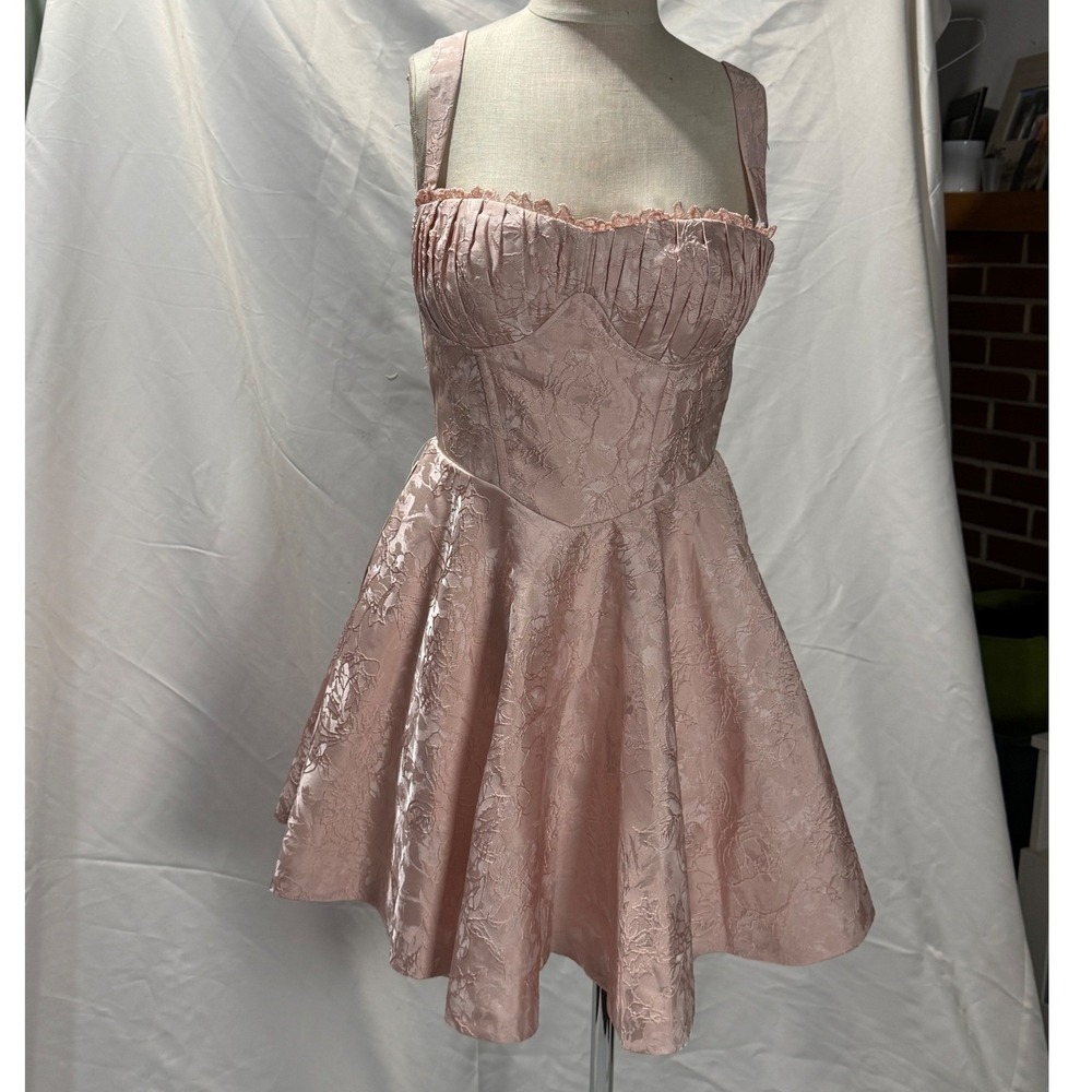 Pink Floral Jacquard Corset‎ Mini Dress with Oversized detachable Bow